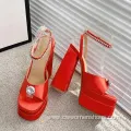 Red Sparkly Heeled Sandals with Rhinestone Straps